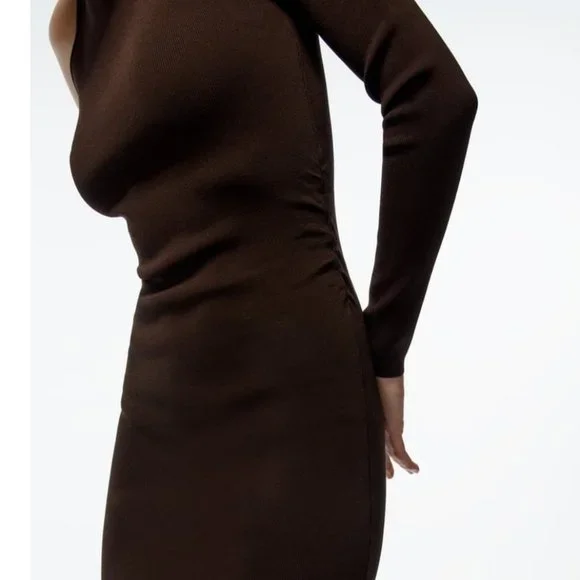 Zara assymetric sleeve brown knit dress - Picture 2 of 5